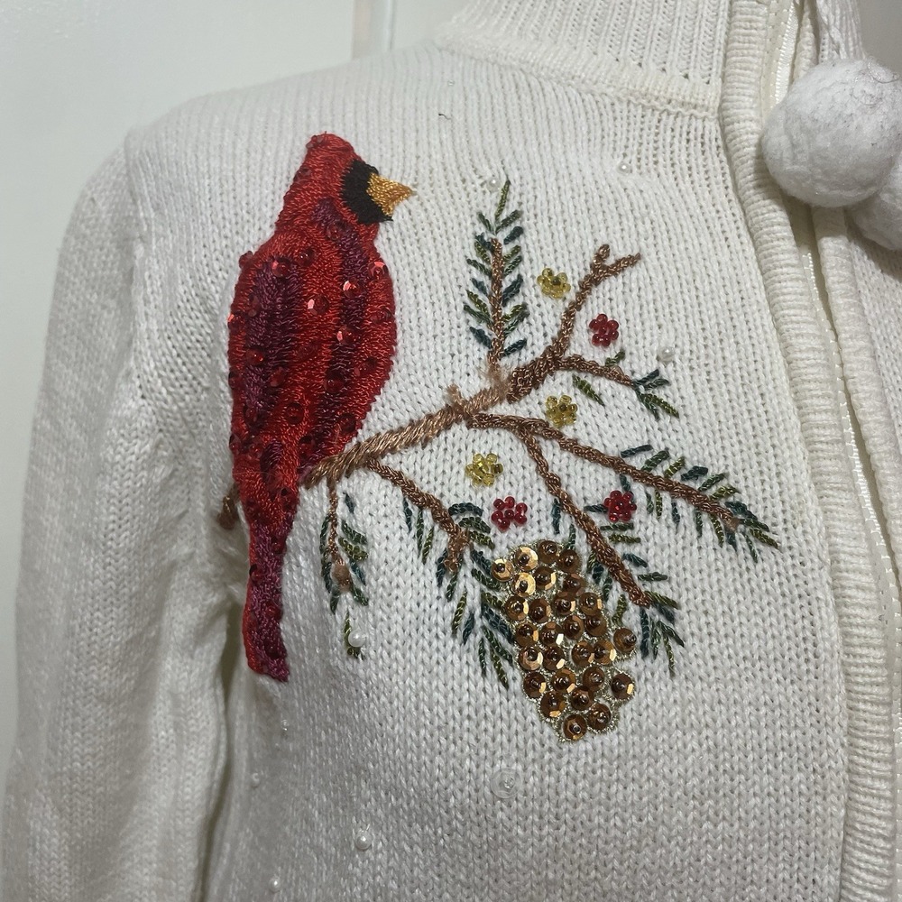 Tiara International Sweater Jacket Women M P  Ivory Cotton Knit‎ Sequin Full-Zip - Picture 2 of 11